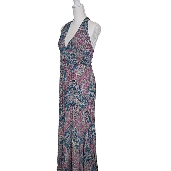 Lovely Dress by Westloop Size L Halter Full Length V Neck Stretch Patterned Blue - Picture 8 of 9